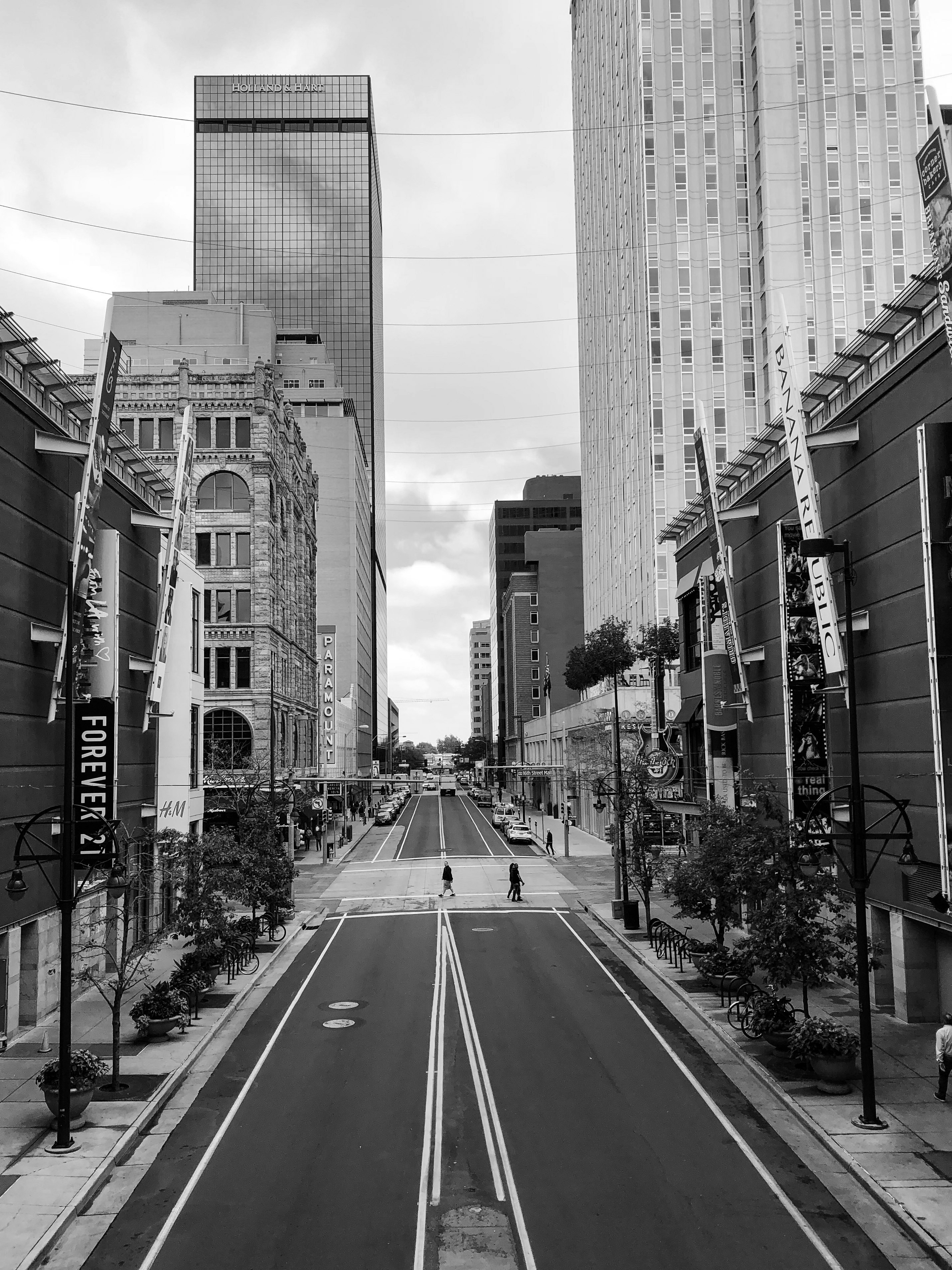 grayscale photo of high-rise buildings near road